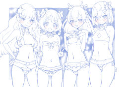 Rule 34 | 4girls, antlers, arms behind back, bell, belt, bikini, blue theme, blunt bangs, bow, bow bikini, braid, braided hair rings, breasts, choker, christmas, cleavage cutout, closed mouth, clothing cutout, commentary, crotch seam, delicious party precure, double v, fake antlers, flat chest, frilled bikini, frilled skirt, frills, fur-trimmed bikini, fur-trimmed skirt, fur trim, fuwa kokone, gluteal fold, hair bell, hair ornament, hair rings, hairclip, halterneck, hanamichi ran, hand on own hip, hands on own chest, highres, holly hair ornament, horns, kasai amane, long hair, medium hair, micro bikini, microskirt, miyagoe yoshitsuki, multiple girls, nagomi yui, navel, neck bell, neck ribbon, open mouth, parted lips, pleated skirt, precure, reindeer antlers, ribbon, short hair, side-by-side, skirt, small breasts, smile, spot color, star (symbol), star hair ornament, strapless, strapless bikini, string bikini, swimsuit, thigh gap, twin braids, v