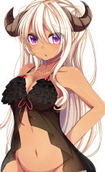 Rule 34 | 1girl, babydoll, bloodcatblack, bottomless, bow, breasts, chestnut mouth, cleavage, dark-skinned female, dark skin, eyebrows, eyes visible through hair, female focus, frills, groin, hair between eyes, highres, horns, large breasts, lingerie, long hair, looking at viewer, navel, original, out-of-frame censoring, purple eyes, red bow, red ribbon, revision, ribbon, see-through, simple background, sleeveless, solo, stomach, two side up, underwear, underwear only, upper body, white background, white hair