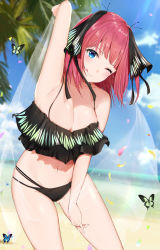 Rule 34 | 1girl, ;q, arm up, armpits, bare arms, bare shoulders, bikini, black bikini, blue eyes, blue sky, blurry, blush, breasts, bug, butterfly, cleavage, closed mouth, cloud, collarbone, commentary request, day, depth of field, gluteal fold, go-toubun no hanayome, groin, hair ornament, highres, bug, leaf, long hair, looking at viewer, medium breasts, nakano nino, navel, one eye closed, outdoors, pink hair, see-through, sky, smile, solo, standing, stomach, sunlight, swimsuit, thighs, tongue, tongue out, uiri-na