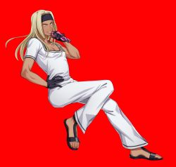 Rule 34 | 1boy, black gloves, blonde hair, dark-skinned male, dark skin, full body, gloves, hand on own hip, holding, holding microphone, jojo no kimyou na bouken, lips, long hair, looking at viewer, microphone, pants, red background, sandals, shakuyouka, shirt, short sleeves, simple background, solo, tiziano, toes, vento aureo, white pants, white shirt, yellow eyes