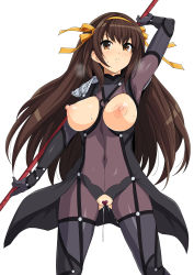 Rule 34 | 00s, 1girl, absurdres, arm up, breasts, breasts out, brown eyes, brown hair, cosplay, fate/grand order, fate (series), female focus, hairband, haruhisky, highres, holding, holding staff, holding weapon, large breasts, long hair, nipples, no panties, pussy juice, ribbon, scathach (fate), scathach (fate) (cosplay), solo, spread legs, staff, standing, suzumiya haruhi, suzumiya haruhi no yuuutsu, sweat, underwear, weapon