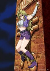 Rule 34 | 1girl, absurdres, blonde hair, boots, bound, breasts, crop top, cropped jacket, detached sleeves, high heels, highres, holding arms (yu-gi-oh!), holding legs (yu-gi-oh!), kujaku mai, large breasts, long hair, miniskirt, parted lips, pencil skirt, restrained, sakura painter, skirt, solo, suspension, yu-gi-oh!, yu-gi-oh! duel monsters