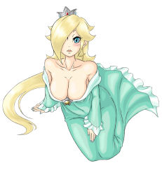 Rule 34 | 1girl, breasts, cleavage, crown, dress, hair over one eye, highres, image sample, large breasts, long hair, mario (series), nail polish, nintendo, pixiv sample, resized, rosalina, simple background, sitting, solo, super mario bros. 1, super mario galaxy