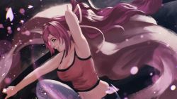 Rule 34 | 1girl, arm up, armpits, bare arms, bare shoulders, blush, breasts, camisole, cherry blossoms, cleavage, from side, hair intakes, hair ribbon, highres, katana, large breasts, long hair, midriff, navel, pants, ponytail, purple hair, red eyes, ribbon, smile, solo, sword, under night in-birth, very long hair, weapon, yuurei, yuzuriha (under night in-birth)