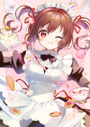Rule 34 | 1girl, apron, blush, bow, bowtie, brown hair, closed mouth, cookie, cup, diffraction spikes, flower, food, frills, hair between eyes, hair intakes, highres, long hair, long sleeves, looking at viewer, maid, maid headdress, one eye closed, original, pink background, pouring, puffy sleeves, red eyes, sakuro, saucer, simple background, smile, solo, tea, teacup, teapot, twintails, upper body