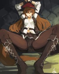 Rule 34 | 1girl, animal ears, arms up, belt, black footwear, black skirt, blush, boots, bound, bound wrists, brown eyes, brown hair, brown pantyhose, cuffs, ears down, hair between eyes, hat, lansane, long hair, long sleeves, looking at viewer, o-ring, original, pantyhose, parted lips, restrained, shackles, shirt, signature, sitting, skirt, solo, spread legs, tail, white shirt, wolf ears, wolf tail