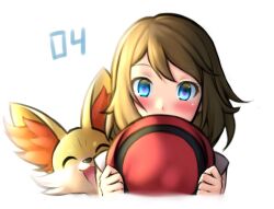 Rule 34 | 1girl, blonde hair, blue eyes, blush, covering own mouth, creatures (company), fennekin, game freak, gen 6 pokemon, hat, holding, holding clothes, holding hat, looking at viewer, nintendo, pinguinkotak, pokemon, pokemon (anime), pokemon (creature), pokemon xy (anime), red headwear, serena (pokemon), short hair, sleeveless, upper body, white background