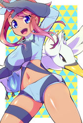 Rule 34 | 1girl, :d, blue background, blue eyes, blue gloves, blue jacket, blue shorts, breasts, commentary request, covered erect nipples, cowboy shot, creatures (company), cropped jacket, game freak, gen 5 pokemon, gloves, gluteal fold, groin, gym leader, hair between eyes, hair ornament, highres, holster, jacket, large breasts, long sleeves, looking at viewer, midriff, navel, nintendo, open mouth, pokemon, pokemon (creature), pokemon bw, pouch, red hair, ryuuta (cure ryuuta), salute, short shorts, shorts, sidelocks, skyla (pokemon), smile, solo focus, standing, swanna, swept bangs, taut clothes, teeth, thigh pouch, thigh strap, two-tone background, upper teeth only, yellow background