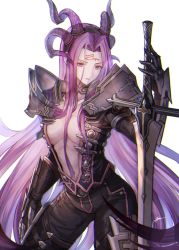 Rule 34 | 1girl, armor, balmung (fate/apocrypha), belt, black pants, breasts, center opening, cleavage, cosplay, curled horns, facial mark, fate/apocrypha, fate/stay night, fate (series), forehead mark, gauntlets, holding, holding sword, holding weapon, horns, long hair, looking at hand, medium breasts, medusa (fate), medusa (rider) (fate), pants, pauldrons, purple eyes, purple hair, shoulder armor, siegfried (fate), siegfried (fate) (cosplay), solo, sword, tenyo0819, very long hair, weapon, white background