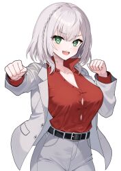 Rule 34 | 1girl, absurdres, belt, black belt, breasts, buttons, choker, cleavage, clenched hands, contrapposto, cosplay, dress shirt, fighting stance, green eyes, grey hair, grey jacket, highres, hirayu721, hololive, jacket, kiryu kazuma, kiryu kazuma (cosplay), large breasts, looking at viewer, red shirt, ryuu ga gotoku (series), ryuu ga gotoku 1, ryuu ga gotoku kiwami, shirogane noel, shirt, simple background, smile, snowflake necklace, virtual youtuber, white background