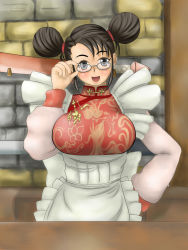 Rule 34 | 1girl, apron, black eyes, blush, breasts, brown hair, china dress, chinese clothes, double bun, dress, female focus, galguizer, glasses, highres, hualin, long hair, open mouth, solo, soul calibur, soulcalibur, soulcalibur iii