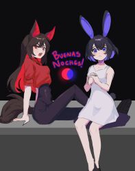 Rule 34 | 2girls, absurdres, animal ear fluff, animal ears, arm support, backless outfit, bare arms, bare shoulders, black background, black bodysuit, black footwear, black hair, blue eyes, bodysuit, bodysuit under clothes, closed mouth, dress, feet out of frame, hair between eyes, highres, honkai (series), honkai impact 3rd, kemonomimi mode, long hair, mararu, multicolored hair, multiple girls, own hands together, purple hair, rabbit ears, red eyes, red hair, red shirt, seele (alter ego), seele vollerei, shirt, shoe soles, short hair, simple background, sleeveless, sleeveless dress, spanish text, tail, translated, two-tone hair, very long hair, white dress, wolf ears, wolf girl, wolf tail