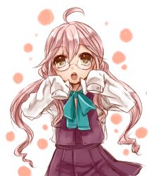 Rule 34 | 10s, 1girl, ahoge, glasses, kantai collection, long hair, long sleeves, looking at viewer, makigumo (kancolle), open mouth, oversized clothes, personification, pink hair, purple skirt, ribbon, sketch, skirt, sleeves past wrists, solo, twintails, yayoi (egoistic realism), yellow eyes