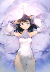 Rule 34 | 1girl, absurdres, anmi, armpits, bare shoulders, black hair, breasts, collarbone, crown, detached sleeves, dress, hair ornament, halterneck, highres, looking at viewer, lying, medium breasts, mini crown, on back, open mouth, original, petals, purple eyes, scan, simple background, solo, thighs, water, water drop, white dress