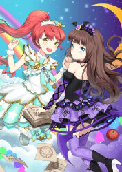 Rule 34 | 2girls, :d, apple, bare shoulders, black dress, black footwear, blue eyes, blush, book, boots, brown hair, crescent, detached sleeves, dress, food, fruit, grimoire, hand up, hands up, high heels, holding hands, idol clothes, kurosu aroma, long hair, looking at viewer, multiple girls, open book, open mouth, paper, pentagram, ponytail, pretty series, pripara, purple thighhighs, rainbow, red apple, red hair, shiratama mikan, smile, sun, thighhighs, unya (unya-unya), white dress, wrist cuffs, yellow eyes