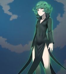 Rule 34 | 1girl, black dress, breasts, closed mouth, covered navel, curly hair, dress, energy, fantasy, frown, glowing, green eyes, green hair, highres, jourd4n, long sleeves, looking at viewer, magic, one-punch man, psychic, short hair, small breasts, solo, tatsumaki
