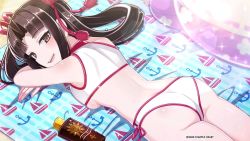 Rule 34 | 1girl, bikini, blunt bangs, blush, brown eyes, brown hair, highres, kaguyahime (mary skelter), looking at viewer, lotion, lying, mary skelter, nanameda kei, on stomach, open mouth, smile, solo, sunscreen, swimsuit, teeth, upper teeth only, white bikini