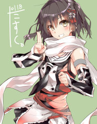 Rule 34 | 1girl, absurdres, artist logo, black gloves, black hair, black neckerchief, black skirt, brown eyes, buttons, commentary request, dated, double-breasted, elbow gloves, fingerless gloves, gauntlets, gloves, green background, grin, hair ornament, highres, kantai collection, looking at viewer, narumiya (empty cafe), neckerchief, sailor collar, scarf, school uniform, sendai (kancolle), sendai kai ni (kancolle), serafuku, skirt, smile, solo, two side up, white sailor collar, white scarf