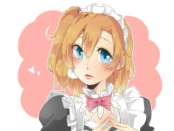 Rule 34 | 1girl, blue eyes, blush, bow, bowtie, commentary request, hair between eyes, heart, highres, kashikaze, kosaka honoka, long hair, looking at viewer, love live!, love live! school idol project, maid, maid headdress, medium hair, one side up, orange hair, outline, parted lips, pink background, pink bow, pink bowtie, puffy sleeves, sidelocks, solo, steepled fingers, upper body, white outline