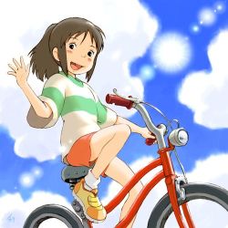 Rule 34 | 00s, 1girl, :d, artist request, bicycle, black eyes, blue sky, blush, brown hair, child, day, from below, looking at viewer, looking down, lowres, ogino chihiro, open mouth, outdoors, ponytail, sen to chihiro no kamikakushi, shirt, short hair, shorts, signature, sky, smile, socks, solo, studio ghibli, sun, sunlight, waving, white socks