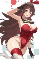 Rule 34 | 1girl, alternate breast size, alternate costume, amber (genshin impact), arm at side, arm up, bad id, bad twitter id, bare arms, bare shoulders, blush, boots, bow hairband, breasts, brown gloves, brown hair, cleavage, crossed bangs, earrings, fake tail, floating hair, genshin impact, gloves, goggles, goggles around neck, groin, hair flaps, hairband, hareno chiame, heart, heart earrings, high heel boots, high heels, highleg, highleg leotard, highres, jewelry, large breasts, leg up, leotard, long hair, looking at viewer, nontraditional playboy bunny, one eye closed, open mouth, rabbit tail, red hairband, red leotard, red thighhighs, salute, shiny skin, solo, strapless, strapless leotard, sweatdrop, tail, thigh boots, thighhighs, thighs, two-tone legwear, very long hair, white background, white thighhighs, wide hips, yellow eyes