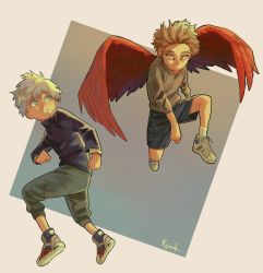 Rule 34 | 2boys, aged down, black jacket, blonde hair, blue eyes, boku no hero academia, child, closed mouth, commentary, english commentary, feathered wings, full body, hawks (boku no hero academia), highres, jacket, keiid, looking at another, looking back, male focus, multiple boys, red eyes, red wings, shirt, shoes, short hair, shorts, signature, simple background, sneakers, todoroki touya, white hair, wings