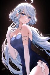 Rule 34 | 1girl, ahoge, alternate costume, bare shoulders, blue eyes, blue hair, commentary, cowboy shot, dress, earrings, elbow gloves, furina (genshin impact), genshin impact, gloves, gradient background, hair between eyes, heterochromia, highres, jewelry, light blue hair, light blush, light particles, long hair, looking at viewer, multicolored hair, necklace, open mouth, sidelocks, solo, streaked hair, thighs, two-tone hair, ueng, white gloves