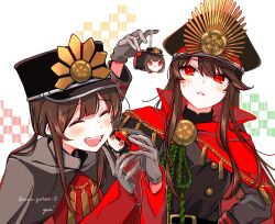 Rule 34 | 1boy, 1girl, belt, belt buckle, black cape, black hair, brother and sister, buckle, buttons, cape, character charm, character doll, charm (object), closed eyes, collared cape, crest, doll, family crest, fate/grand order, fate (series), gloves, grey gloves, hand on own hip, hat, highres, holding, holding doll, holding stuffed toy, koha-ace, long hair, long sleeves, low ponytail, medallion, military hat, oda nobukatsu (fate), oda nobunaga (fate), oda uri, open mouth, peaked cap, popped collar, red cape, red eyes, shako cap, siblings, simple background, smile, stuffed toy, sweat, white background, yui (tamagohan)