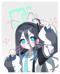 Rule 34 | 1girl, aris (blue archive), black hair, black hairband, black jacket, blue archive, blue eyes, blue necktie, blush, border, closed mouth, collared shirt, dated, drawn ears, drawn wings, face filter, hair between eyes, hairband, halo, jacket, long bangs, long hair, long sleeves, looking at viewer, mei mu, multicolored clothes, multicolored jacket, necktie, one side up, open clothes, open jacket, paw pose, shirt, simple background, smile, solo, tie clip, upper body, white jacket, white shirt