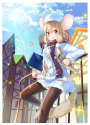 Rule 34 | 1girl, animal ears, black pantyhose, blonde hair, book, buttons, cloud, coat, food, food on face, fur trim, hair between eyes, hanasaki mahiru, hat, highres, holding, leg up, long hair, looking at viewer, mouse (animal), mouse ears, original, outdoors, pantyhose, personification, plaid, plaid scarf, red eyes, scarf, skirt, sky, smile, sparkle, sunlight, tail, tongue, tongue out, two side up, village, white coat, white headwear, white skirt
