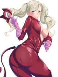 Rule 34 | 1girl, ass, black mutou, blonde hair, blue eyes, blush, bodysuit, breasts, cat mask, cat tail, elbow gloves, fake tail, gloves, hair ornament, hairclip, highres, holding, holding mask, large breasts, long hair, looking at viewer, mask, no bra, persona, persona 5, pink gloves, red bodysuit, simple background, solo, swept bangs, tail, takamaki anne, twintails, unzipped, unzipping, white background, zipper, zipper pull tab