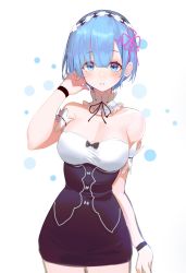 Rule 34 | 10s, 1girl, absurdres, adapted costume, arm garter, bare shoulders, blue eyes, blue hair, breasts, cleavage, cowboy shot, detached collar, dress, flower, hair flower, hair ornament, tucking hair, hairband, highres, large breasts, lolita hairband, looking at viewer, parted lips, pro-p, re:zero kara hajimeru isekai seikatsu, rem (re:zero), short dress, short hair, simple background, solo, wristband, x hair ornament