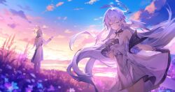 Rule 34 | 1boy, 1girl, armpits, bare shoulders, bracelet, brother and sister, character name, closed eyes, closed mouth, cloud, cloudy sky, dress, facial mark, facing viewer, floating hair, gloves, hair between eyes, halo, hand on own chest, head wings, highres, honkai: star rail, honkai (series), jewelry, long hair, nid417, official alternate costume, outdoors, purple gloves, purple hair, robin (honkai: star rail), siblings, sky, smile, standing, sunday (honkai: star rail), wings
