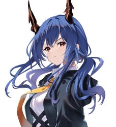 Rule 34 | 1girl, arknights, black jacket, blue hair, breasts, ch&#039;en (arknights), commentary request, dragon horns, highres, horns, jacket, lily0428, long hair, looking at viewer, medium breasts, necktie, open clothes, open jacket, orange eyes, shirt, simple background, solo, twintails, upper body, white background, white shirt, yellow necktie