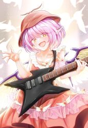 Rule 34 | 1girl, animal ears, besuteia, bird ears, bird wings, brown dress, brown headwear, collarbone, commentary request, dress, electric guitar, fang, guitar, highres, holding, holding instrument, instrument, looking at viewer, mystia lorelei, open mouth, pink hair, short hair, skin fang, sleeveless, sleeveless dress, solo, touhou, winged hat, wings, yellow eyes