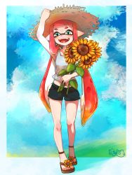 Rule 34 | 1girl, :d, artist name, black shorts, blue sky, blunt bangs, brown footwear, brown hat, cloud, cloudy sky, commentary request, day, fangs, flower, full body, green eyes, grey shirt, hand on headwear, hat, highres, holding, holding flower, inkling, inkling girl, inkling player character, long hair, looking at viewer, mask, midriff peek, naki tamago, nintendo, open mouth, orange hair, outdoors, outside border, partial commentary, pointy ears, sandals, shirt, short shorts, shorts, signature, sky, smile, solo, standing, straw hat, sun hat, sunflower, sweat, tank top, tentacle hair, very long hair