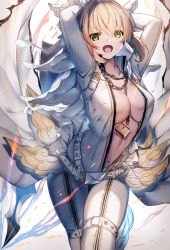 Rule 34 | 1girl, :d, akami fumio, arms up, belt, between breasts, blonde hair, bodysuit, breasts, chain, cleavage, fate/grand order, fate (series), green eyes, hair intakes, large breasts, leg up, lock, navel, nero claudius (bride) (fate), nero claudius (fate), nero claudius (fate) (all), open bodysuit, open clothes, open mouth, padlock, short hair, sidelocks, simple background, smile, solo, v-shaped eyebrows, veil, white background, white bodysuit