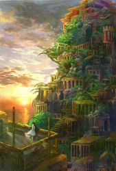 Rule 34 | 1girl, arms behind back, barefoot, black hair, blunt bangs, cityscape, closed eyes, closed mouth, cloud, cloudy sky, commentary, commentary request, dress, expressionless, handrail, highres, house, legs together, long hair, original, outdoors, perspective, plant roots, post, ruins, scenery, short dress, sky, sleeveless, sleeveless dress, solo, stairs, standing, sun, sunlight, tree, twilight, wariko, white dress