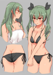 Rule 34 | 10s, 1girl, alternate hairstyle, anchovy (girls und panzer), anchovy (girls und panzer), ass, bad id, bad pixiv id, bikini, black bikini, black ribbon, breasts, brown eyes, butt crack, camisole, cleavage, commentary, cowboy shot, drill hair, from side, girls und panzer, green hair, grey background, hair down, hair ribbon, highres, kento1102, long hair, multiple views, navel, own hands together, ribbon, side-tie bikini bottom, sketch, standing, swimsuit, twin drills, twintails, upper body