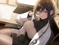 1girl backlighting black_hair black_skirt black_sweater breasts brown_eyes brown_pantyhose closed_mouth coat computer glasses hand_up highres large_breasts long_sleeves looking_at_viewer looking_over_eyewear miniskirt open_clothes open_coat original pantyhose pencil_skirt piyopoyo ribbed_sweater short_hair sitting skirt smile solo stethoscope sweater sweater_tucked_in taut_sweater white-framed_eyewear white_coat