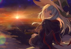 Rule 34 | 1girl, black footwear, black hat, black robe, black thighhighs, boots, cac itinose, cloud, commentary request, elaina (majo no tabitabi), from behind, hair between eyes, hat, highres, hood, hood down, hooded robe, horizon, long sleeves, looking at viewer, looking back, majo no tabitabi, open clothes, open robe, outdoors, purple eyes, robe, silver hair, sitting, sky, sleeves past fingers, sleeves past wrists, solo, sunset, thighhighs, wide sleeves, witch hat