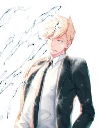 Rule 34 | 10s, 1boy, ;d, black jacket, black necktie, blazer, blonde hair, blue eyes, collared shirt, dress shirt, eyebrows, formal, inukai sumiharu, jacket, light particles, long sleeves, male focus, necktie, one eye closed, open mouth, pepper fever, shade, shirt, simple background, smile, solo, suit, teeth, upper body, water, white background, white shirt, world trigger
