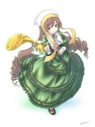 Rule 34 | 00s, 1girl, brown hair, dress, drill hair, frills, full body, green dress, green eyes, hat, heterochromia, lolita fashion, long hair, long sleeves, red eyes, rozen maiden, sabamu, shoes, solo, suiseiseki, twin drills, twintails, very long hair, watering can, white background
