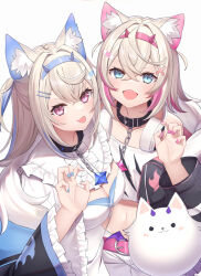 Rule 34 | 2girls, animal ear fluff, animal ears, belt, belt collar, black collar, black jacket, blonde hair, blue eyes, blue hair, blue nails, blush, breasts, claw pose, cleavage, cleavage cutout, clothing cutout, collar, cropped jacket, cropped shirt, dog ears, dog girl, dress, fuwawa abyssgard, fuwawa abyssgard (1st costume), hair ornament, hairpin, headphones, headphones around neck, hololive, hololive english, jacket, large breasts, long hair, looking at viewer, medium hair, midriff, mococo abyssgard, mococo abyssgard (1st costume), multicolored hair, multiple girls, nail polish, navel, open mouth, perroccino (fuwamoco), pink belt, pink eyes, pink hair, pink nails, shikinagi, shirt, short shorts, shorts, siblings, sisters, spiked collar, spikes, streaked hair, tongue, tongue out, twins, two side up, virtual youtuber, white background, white dress, white shirt, white shorts, x hair ornament