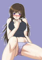 Rule 34 | 1girl, arm support, blue panties, blush, breasts, brown hair, female focus, long hair, midriff, misnon the great, muv-luv, muv-luv alternative, muv-luv total eclipse, no pants, panties, purple eyes, simple background, sitting, solo, takamura yui, tank top, underwear