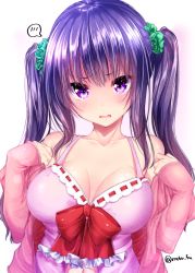Rule 34 | 1girl, bare shoulders, blush, bow, breasts, collarbone, frilled bow, frills, green scrunchie, hair ornament, hair scrunchie, hands up, head tilt, highres, jacket, large breasts, long hair, long sleeves, mokufuu, off shoulder, original, parted lips, pink jacket, purple eyes, purple hair, red bow, ribbon trim, scrunchie, sidelocks, simple background, sleeves past wrists, solo, spoken blush, twintails, twitter username, upper body, very long hair, white background