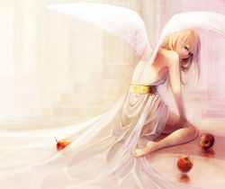 Rule 34 | 1girl, aka tonbo (lovetow), angel, angel wings, apple, back, backless outfit, bare arms, bare legs, barefoot, blonde hair, dress, food, fruit, green eyes, highres, long hair, looking at viewer, original, sitting, solo, wariza, white dress, white wings, wings