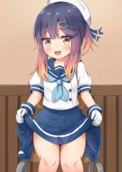 Rule 34 | 1girl, blue neckerchief, blue ribbon, blue sailor collar, blue skirt, chair, clothes lift, comiching, gloves, gradient hair, hat, hat ribbon, highres, kantai collection, lifted by self, multicolored hair, neckerchief, orange hair, pleated skirt, puffy short sleeves, puffy sleeves, purple eyes, purple hair, ribbon, sailor collar, sailor hat, short hair, short sleeves, sidelocks, sitting, skirt, skirt lift, solo, tsushima (kancolle), white gloves, white hat