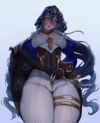 Rule 34 | 1girl, alternate breast size, bare shoulders, black gloves, blue hair, blue hood, blush, breasts, bright pupils, cameltoe, claw ring, cleft of venus, covered erect nipples, detached sleeves, drill hair, drill sidelocks, flashing, genshin impact, gloves, hair between eyes, highres, hood, hood up, jesse jordan, jewelry, juliet sleeves, large breasts, layla (genshin impact), long hair, long sleeves, looking at viewer, naughty face, nipples, parted lips, pointy ears, presenting, puffy sleeves, seductive smile, sidelocks, smile, solo, thick thighs, thighs, white pupils, yellow eyes