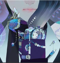 Rule 34 | 1other, ambiguous gender, black skin, brooch, close-up, colored skin, cuff links, gem, hand on own cheek, hand on own face, jewelry, lips, makeup, necklace, nishihara isao, original, out of frame, solo, turtleneck, watch, wristwatch